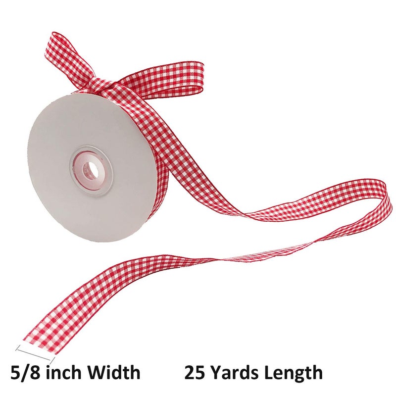 DAYEDZ Red and White Gingham Ribbon, 5/8" x 25Yd Roll Picnic Craft Red Buffalo Ribbon for Crafts Hair Accessories and Christmas Gift Wrapping,5/8 Inch Polyester Woven Edge +60" Tape Measurement - Image 2